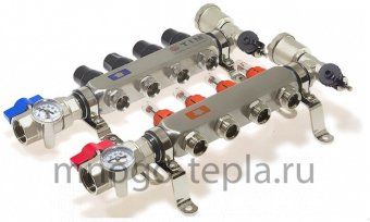 Коллекторная группа Tim (KAS5005) 1" ВР-ВР, 5 отводов 3/4", нержавеющая сталь, расходомер, воздухоотводчик, сливной кран, торцевой кран, термометр - №1